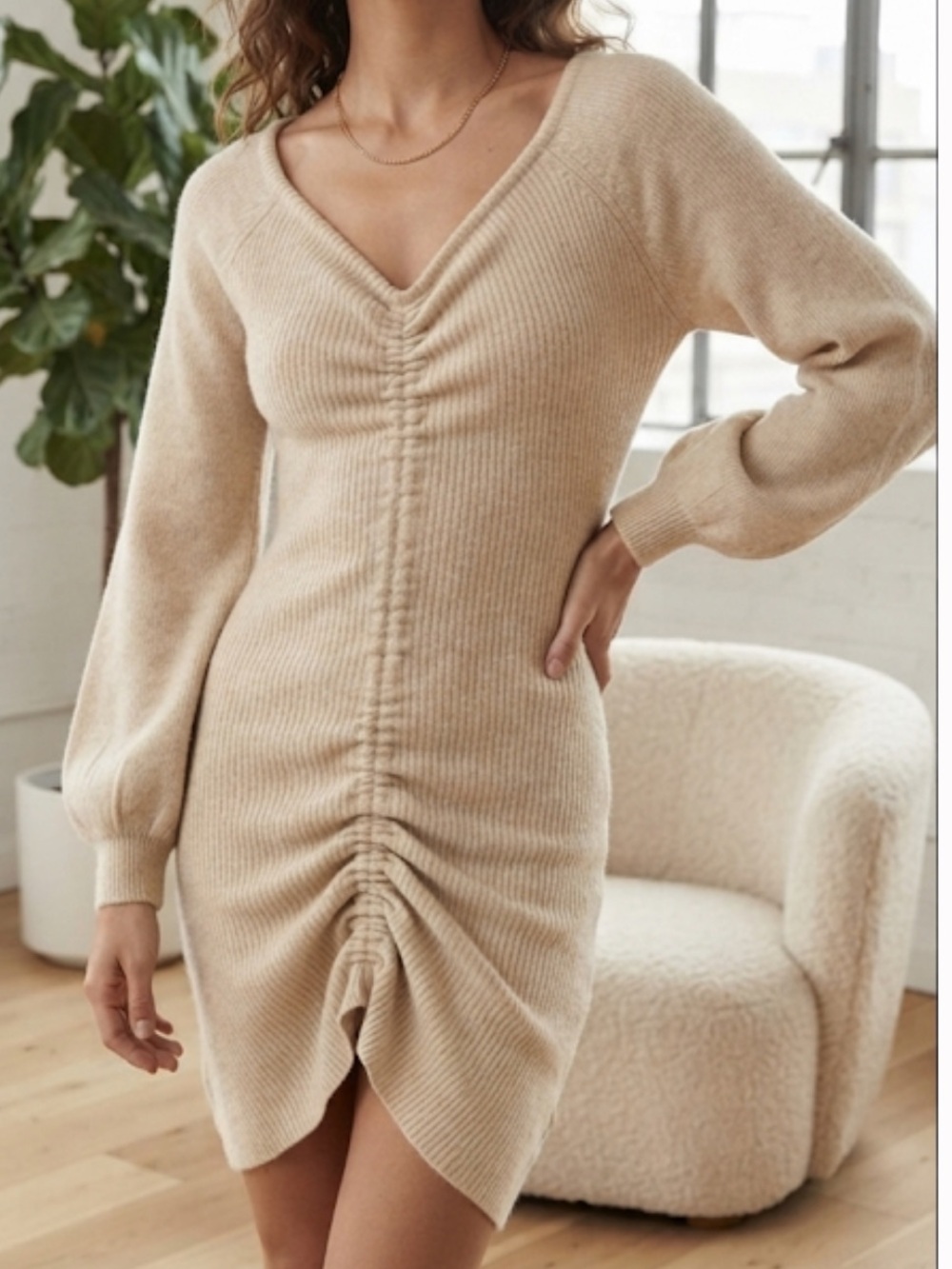 NIC & JO Sweater Dress Ribbed Off The Shoulder Ruched Front Mini Large